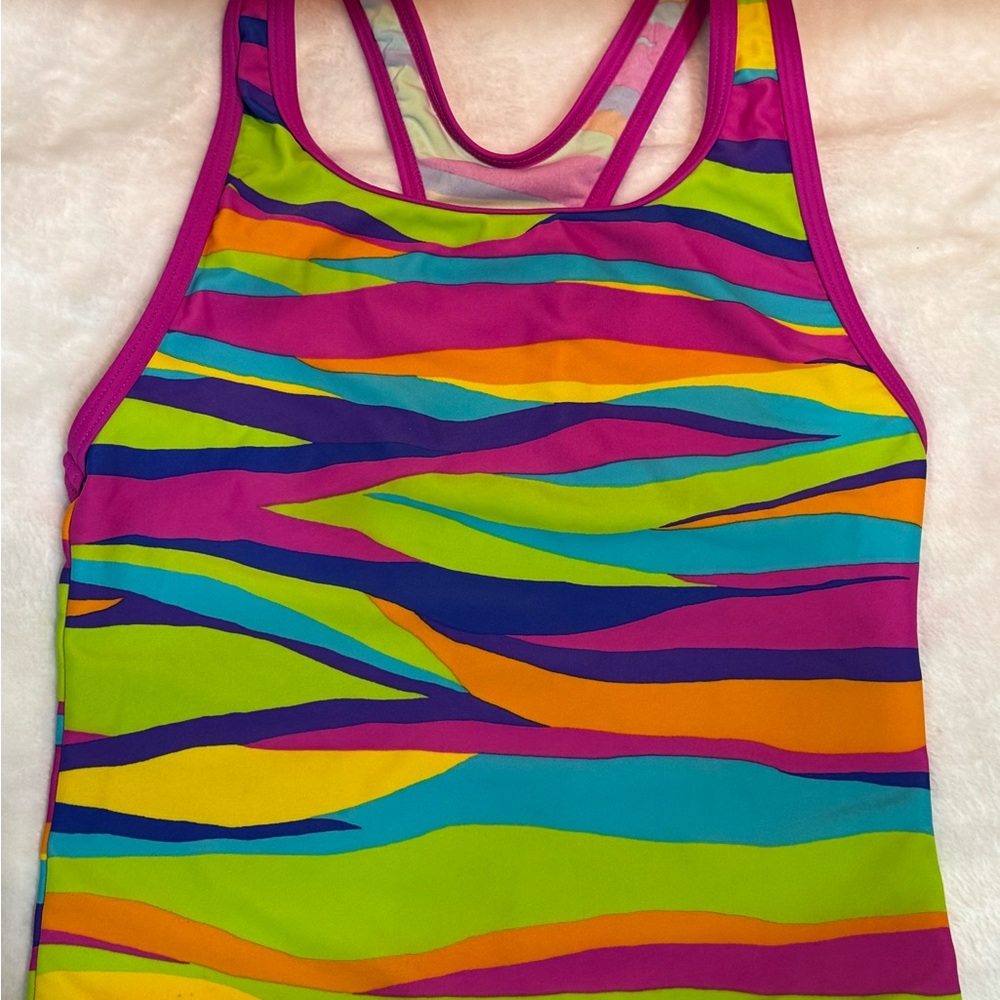 Women’s Neon Striped Racerback Tank Swimsuit Top - Multicolor